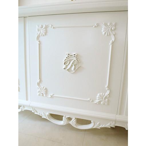 輸入 オーダー家具 デスク クラシックスタイル W160cm ホワイト色 イニシャルR\u0026オードリーリボンの彫刻の画像