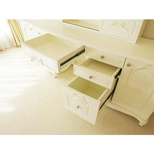 輸入 オーダー家具 デスク W210cm オードリーリボン＆薔薇の彫刻 上台 引き戸 ホワイト色の画像
