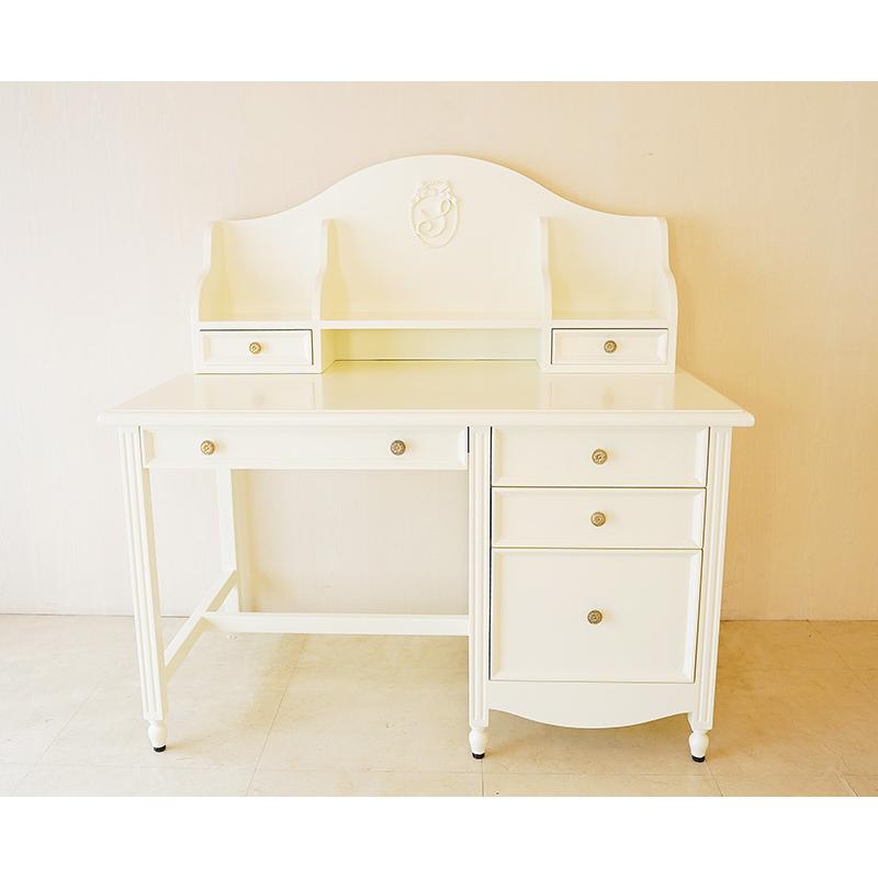 輸入 オーダー家具 レディメイ デスク リトルプリンセスのリボンとイニシャルSの彫刻 ホワイト色 W120cm