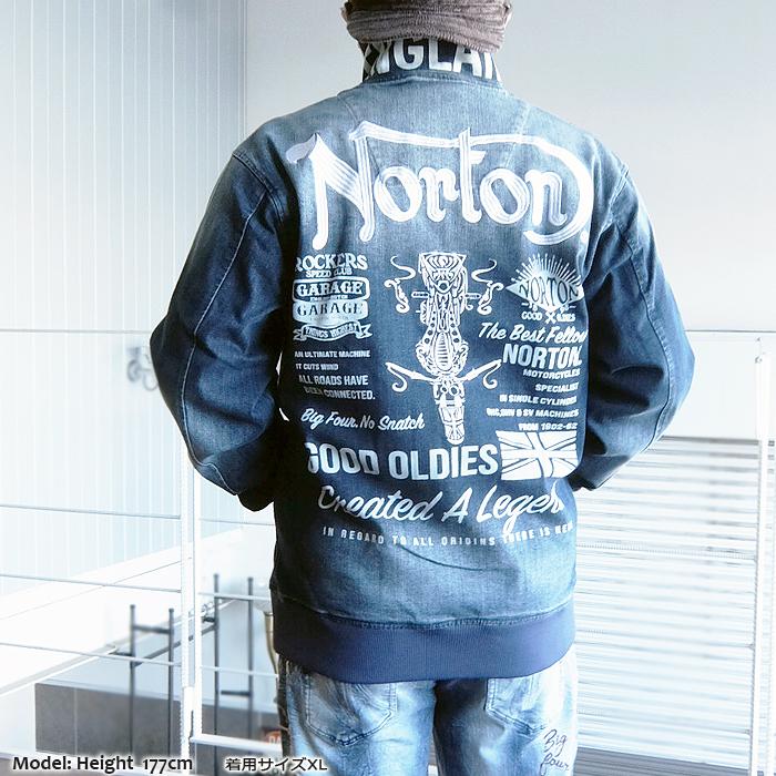 NORTON(ノートン) バックバイクモチーフ　ストレッチ デニムジャケット[231N1600] STRETCH DENIM JACKE T 刺繍　 インディゴ ブラス　ブリーチ加工【\14,990】