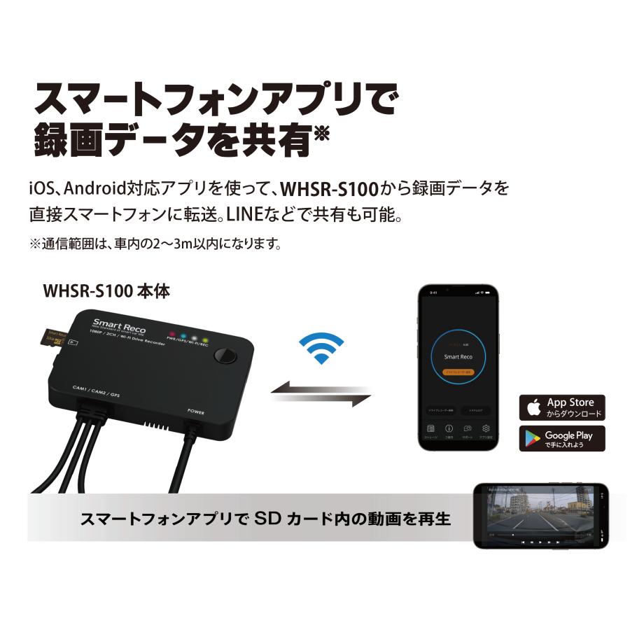 左右カメラ ドライブレコーダー 自転車事故対策 側方録画 駐車監視付き SmartReco WHSR-S100 Aタイプ ウインドウ設置ステーの画像