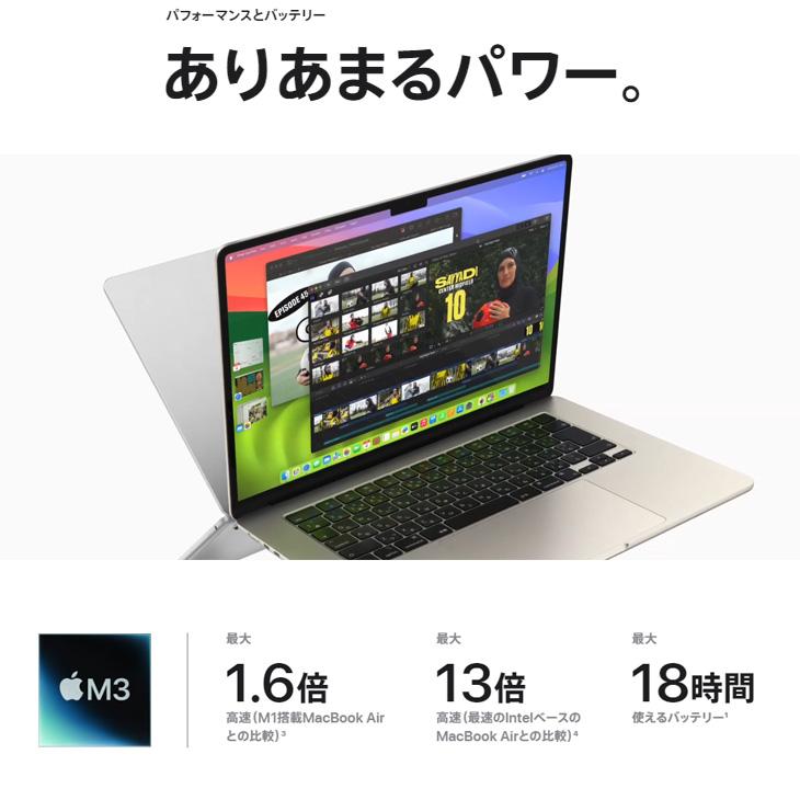 【中古パソコン】Apple MacBook Air 13.6inch MRXW3J/A A3113 2024 TouchID [Apple M3 8コア 8GB SSD512GB 無線 BT カメラ Midnight 純箱] ：アウトレットの画像
