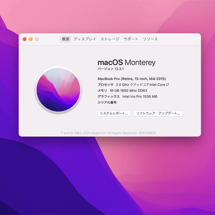 Apple MacBook Pro 15.4inch MJLT2J/A A1398 Mid 2015 選べるOS Monterey or Big Sur [core i7 4870HQ 16G SSD512GB 無線 BT カメラ 15.4 純箱 ] ：良品｜whatfun｜09