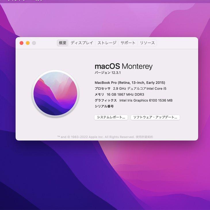 【新品バッテリーに交換済】Apple MacBook Pro 13.3inch MF841J/A A1502 Early 2015 選べるOS [Core i5 5287U 2.9GHz 16GB SSD512GB 無線 BT カメラ 13.3] :良品の画像
