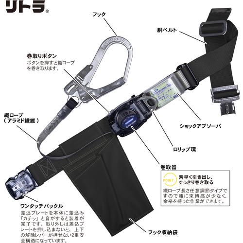 藤井電工 新規格 胴ベルト型リトラ巻取式 ブラック Mサイズ 安全帯