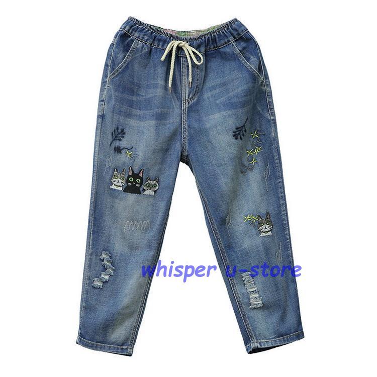 ジーンズ 刺繍 猫 魚 花 フラワー クロップド デニムパンツ イージー