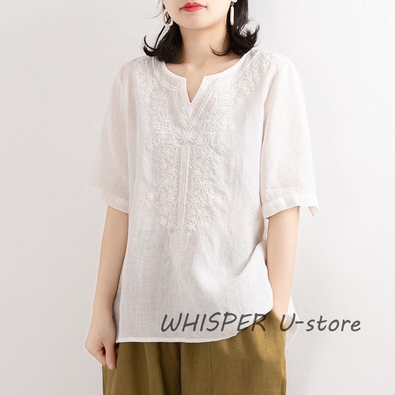 ブラウス Tシャツ レディース 夏 綿麻 リネン 半袖 刺繍 トップス 無地