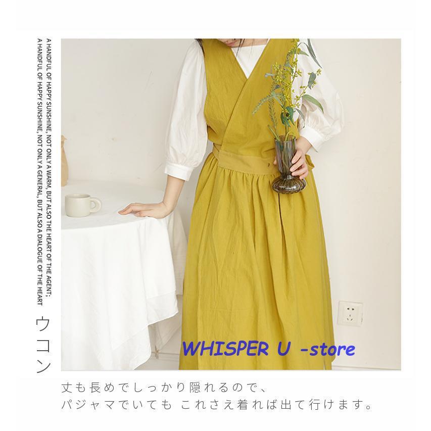 Vネックエプロン ドレスエプロン レディースワークエプロン ロング