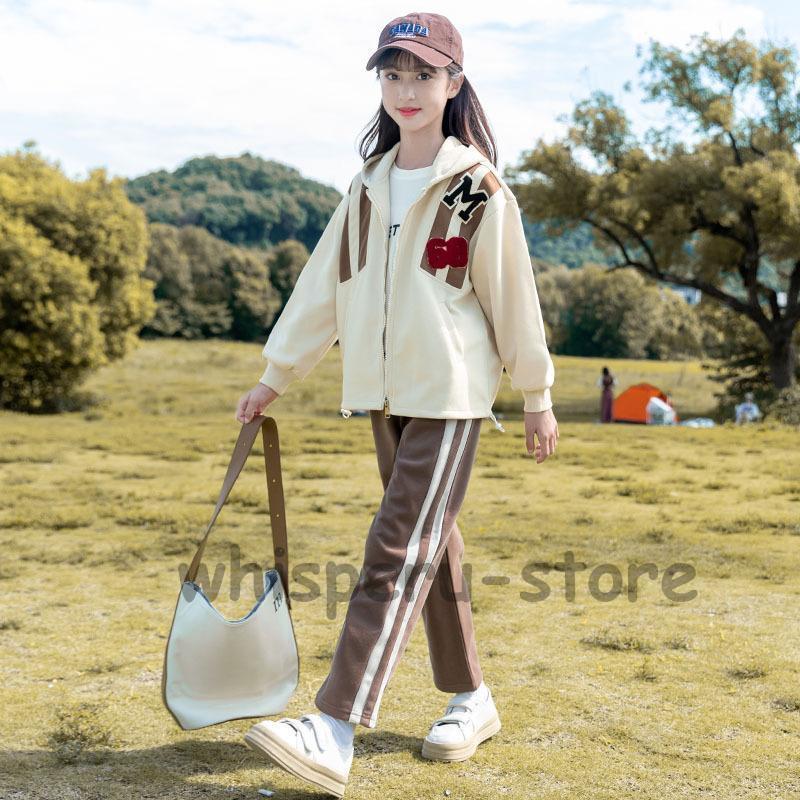 女の子 セットフード付きアップ 秋 ジャージ 上下セット レジャー キッズ 女の子 スポーツウェア スポーツ スウェットパンツ 春 秋 普段着 運動着の画像