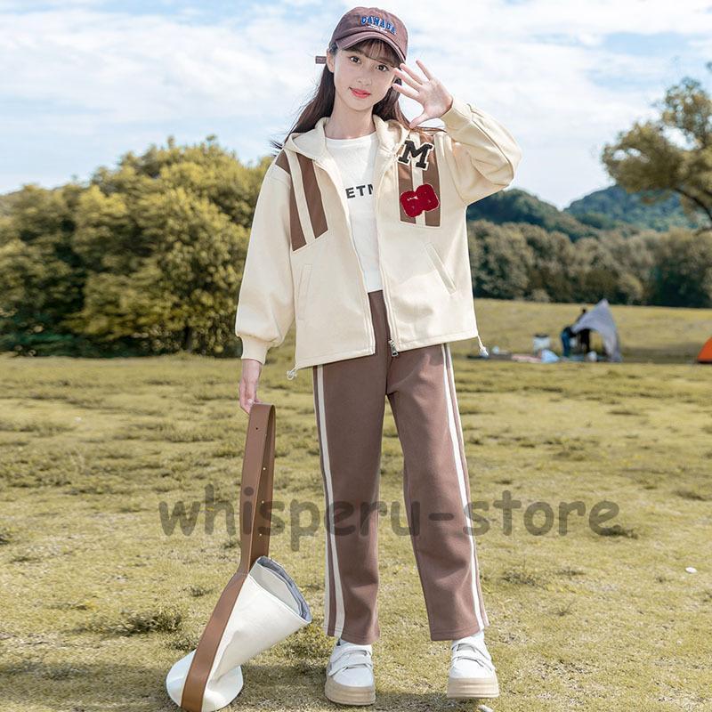 女の子 セットフード付きアップ 秋 ジャージ 上下セット レジャー キッズ 女の子 スポーツウェア スポーツ スウェットパンツ 春 秋 普段着 運動着の画像