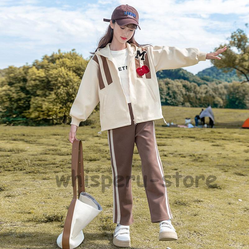 女の子 セットフード付きアップ 秋 ジャージ 上下セット レジャー キッズ 女の子 スポーツウェア スポーツ スウェットパンツ 春 秋 普段着 運動着の画像