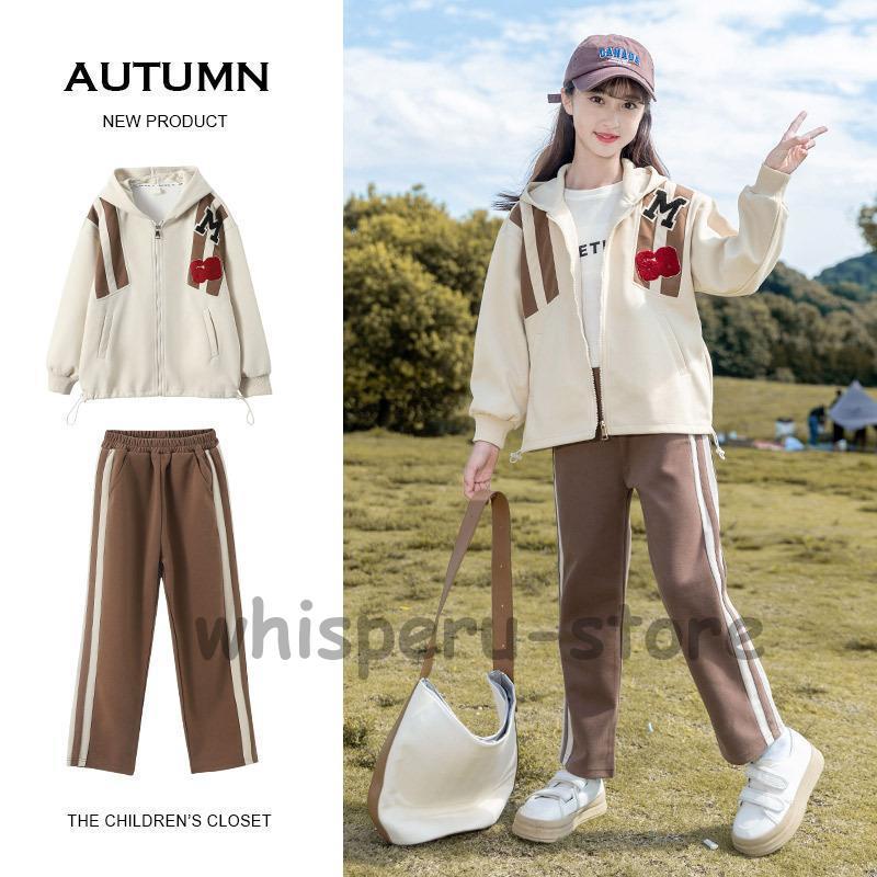 女の子 セットフード付きアップ 秋 ジャージ 上下セット レジャー キッズ 女の子 スポーツウェア スポーツ スウェットパンツ 春 秋 普段着 運動着の画像