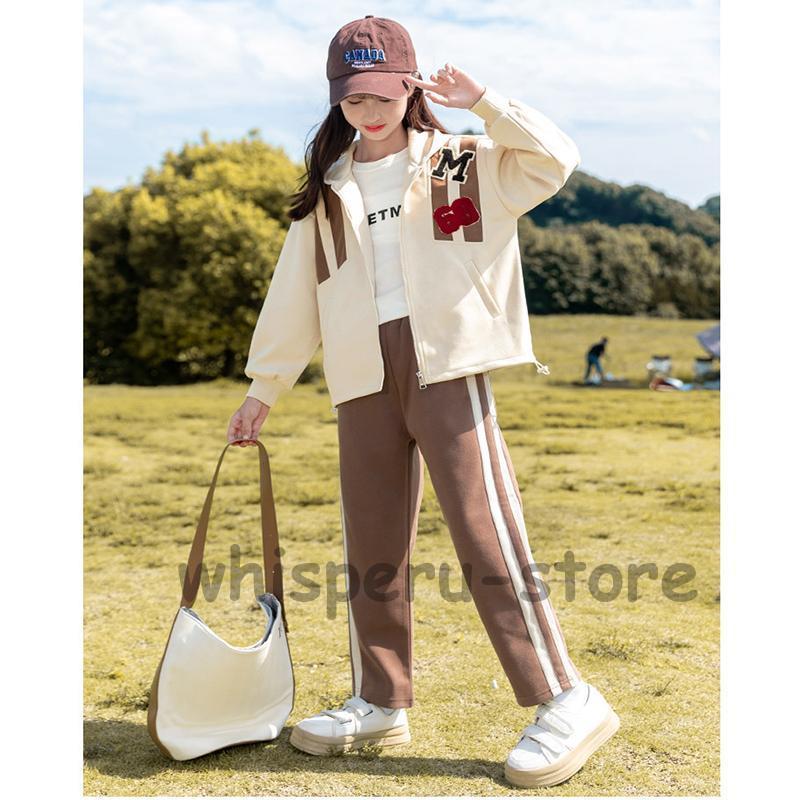 女の子 セットフード付きアップ 秋 ジャージ 上下セット レジャー キッズ 女の子 スポーツウェア スポーツ スウェットパンツ 春 秋 普段着 運動着の画像