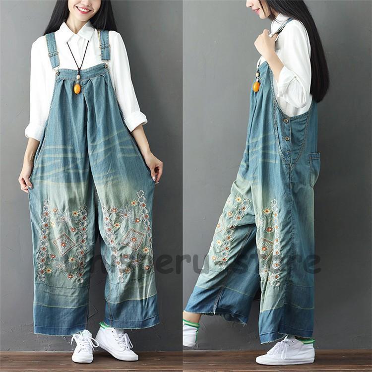 花柄刺繍 サロペット デニム ゆったり レディース オーバーオール