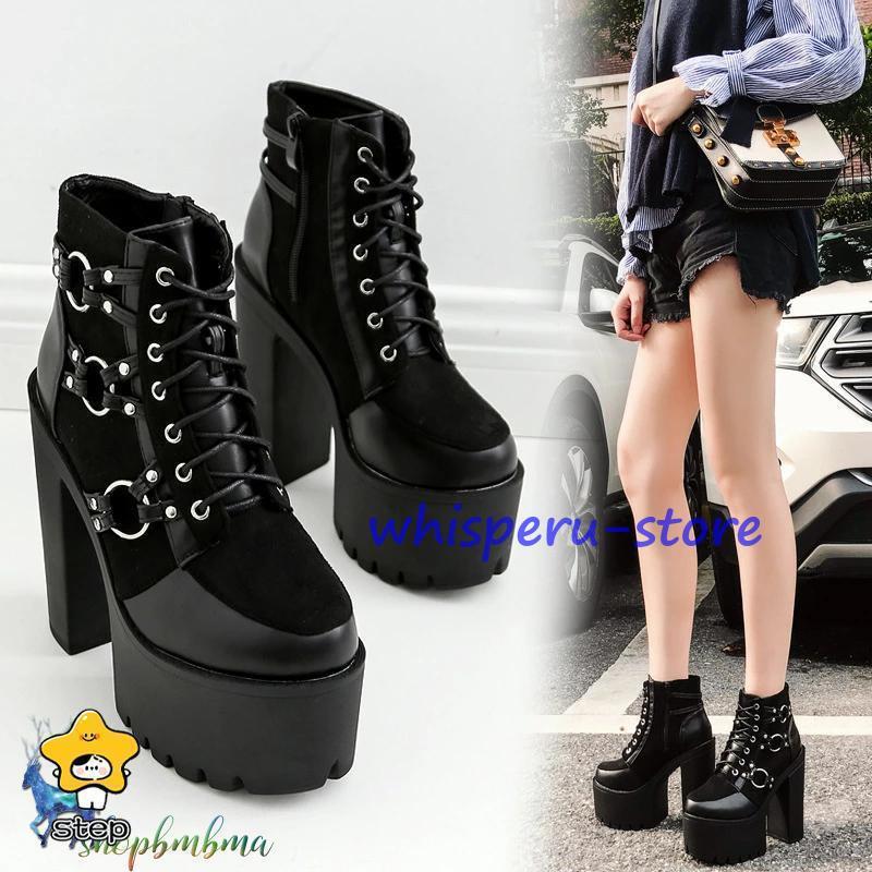 15cm 厚底 ショートブーツ ブーティ 太ヒール ベルト飾り レース