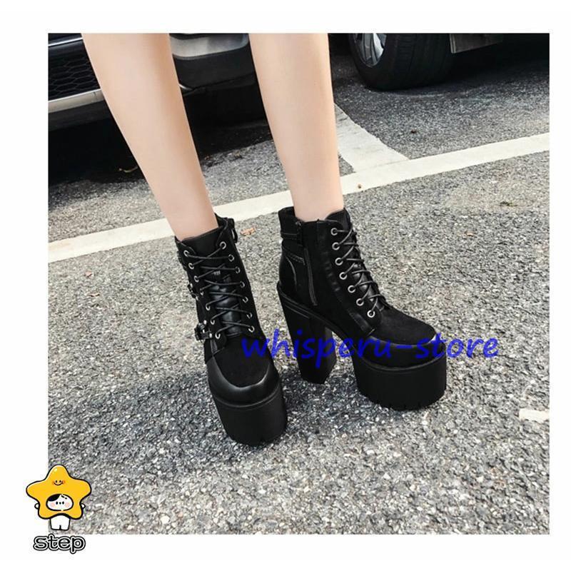 15cm 厚底 ショートブーツ ブーティ 太ヒール ベルト飾り レースアップ