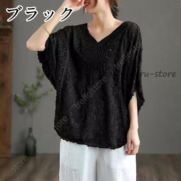 ブラウス トップス レディース レース刺繍透かし彫り カットソー t
