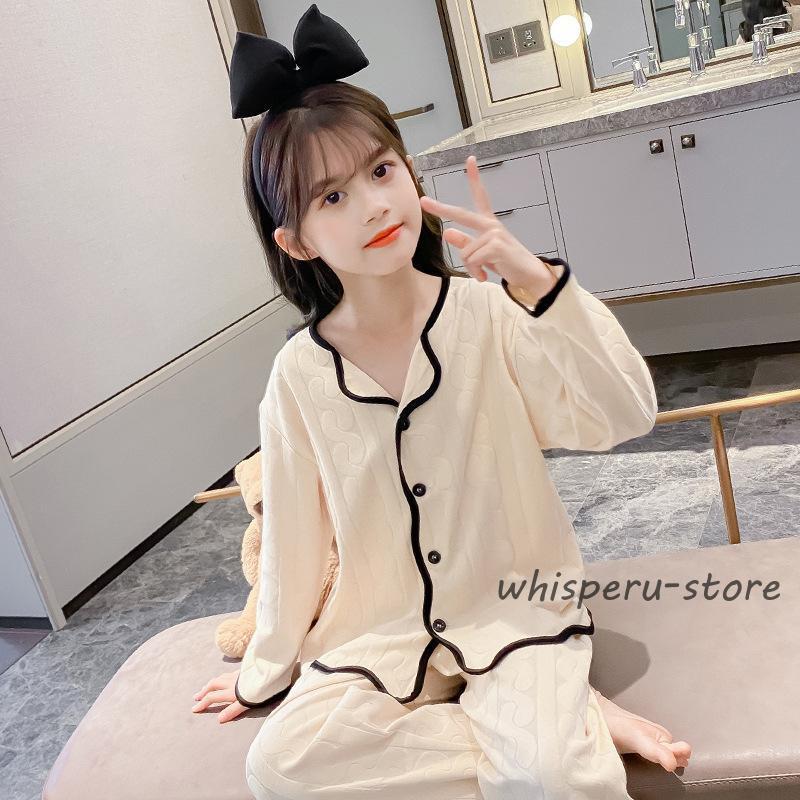 パジャマ 子供 長袖 綿 秋 冬 こども パジャマ 前開き キッズ 女の子 子供服 ガールズ ルームウェア 薄手 Vネック 寝間着 部屋着  女児 可愛い シンプル 無地の画像