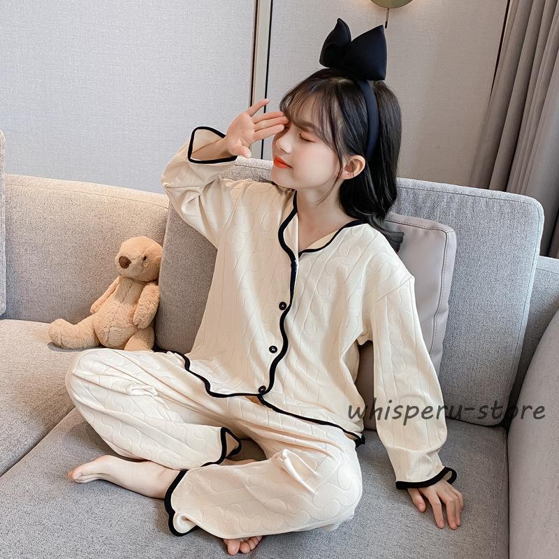 パジャマ 子供 長袖 綿 秋 冬 こども パジャマ 前開き キッズ 女の子 子供服 ガールズ ルームウェア 薄手 Vネック 寝間着 部屋着  女児 可愛い シンプル 無地の画像
