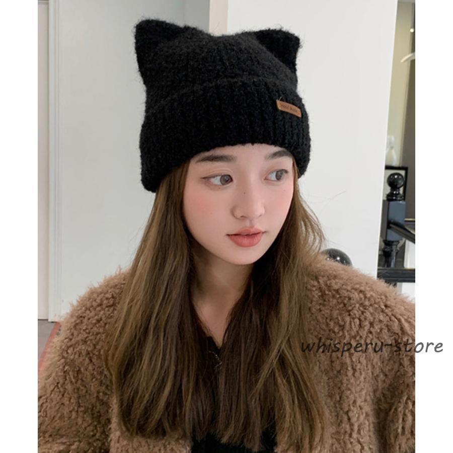 knwls ブラック×ブラウン 猫耳ビーニー 猫耳ビーニー リブニット帽子 レディース : WHISPER U - 通販 - Yahoo