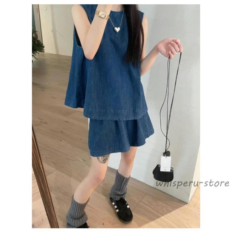 デニム セットアップ ノースリーブ トップス ショートパンツ