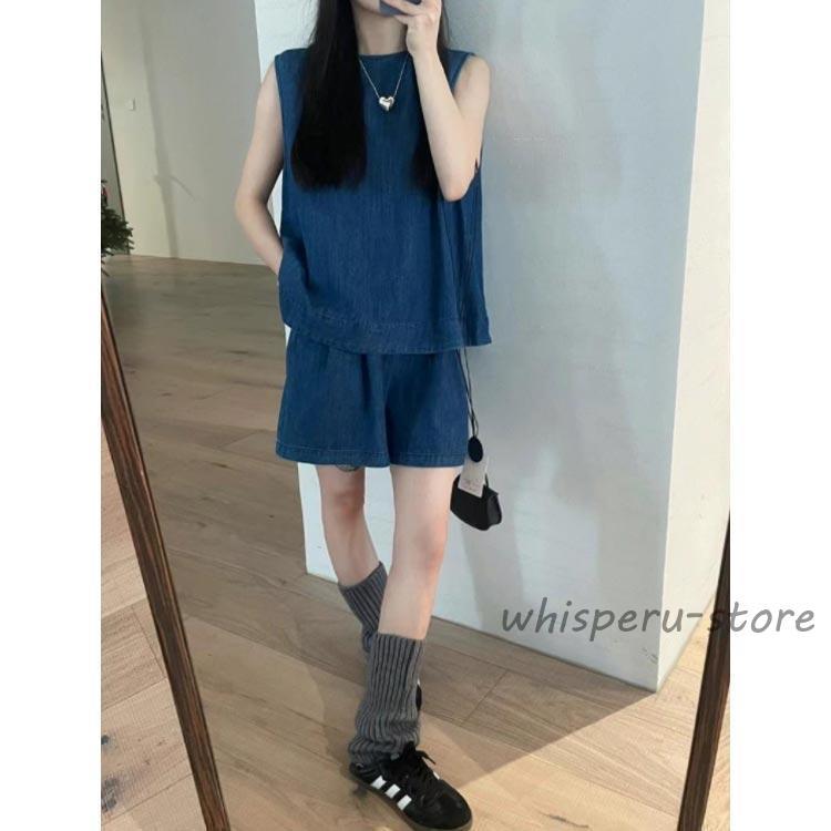 デニム セットアップ ノースリーブ トップス ショートパンツ