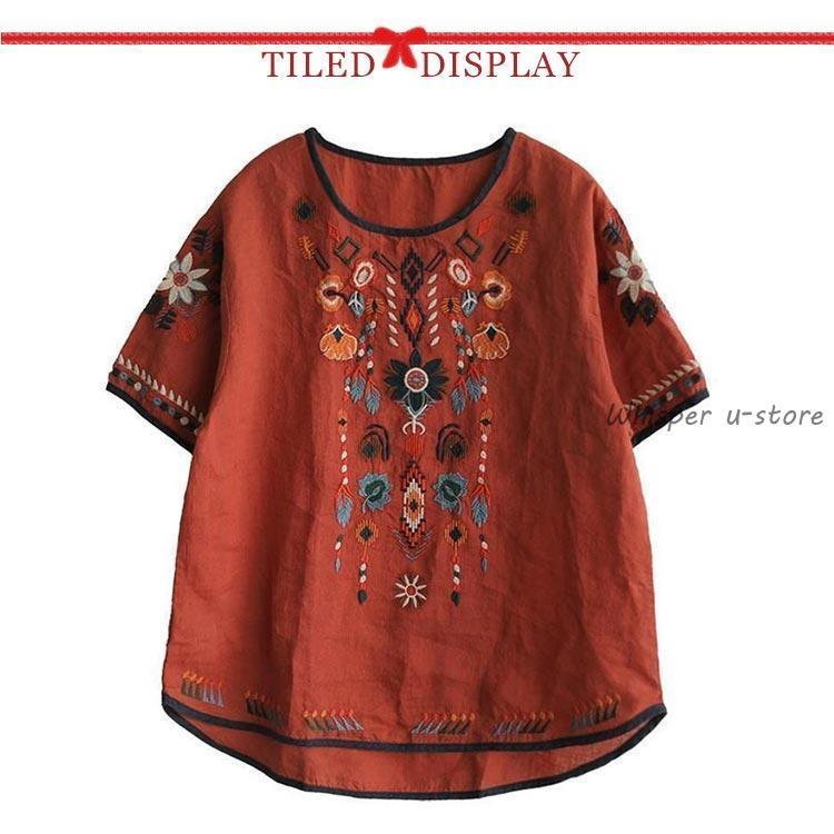 刺繍 ブラウス チュニック Tシャツ アジアン 綿麻 麻 リネン 涼しい