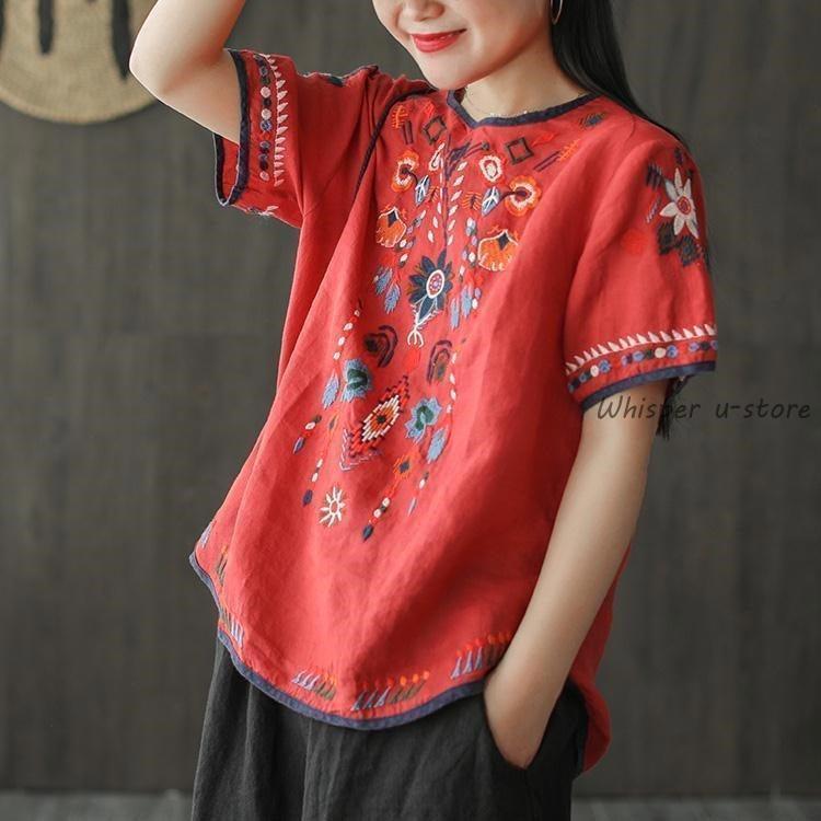 刺繍 ブラウス チュニック Tシャツ アジアン 綿麻 麻 リネン 涼しい