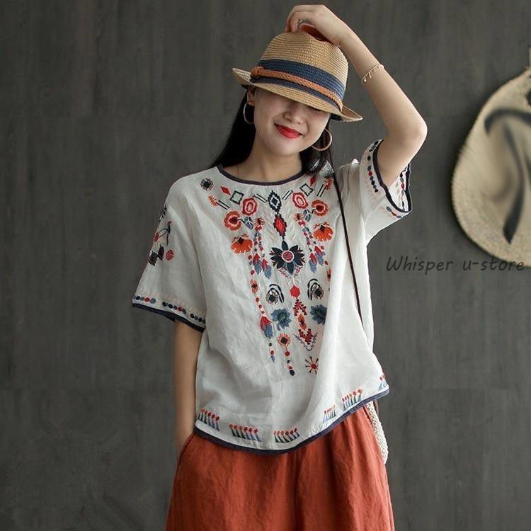 TABASA　半袖チュニック 花刺繍 刺繍 ブラウス チュニック Tシャツ アジアン 綿麻 麻 リネン 涼しい