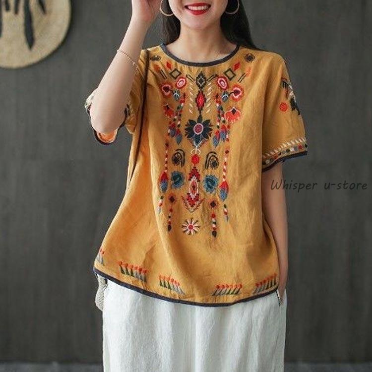 刺繍 ブラウス チュニック Tシャツ アジアン 綿麻 麻 リネン 涼しい