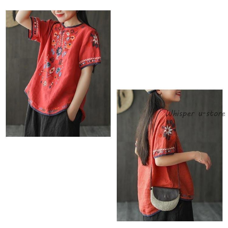 刺繍 ブラウス チュニック Tシャツ アジアン 綿麻 麻 リネン 涼しい