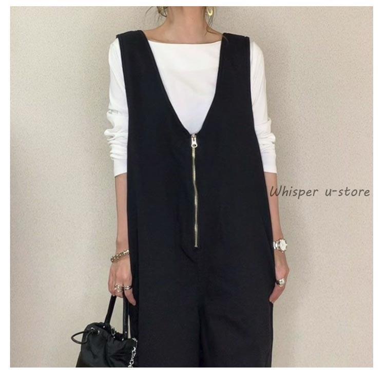 サロペット オールインワン レディース ワイドパンツ きれいめ 黒