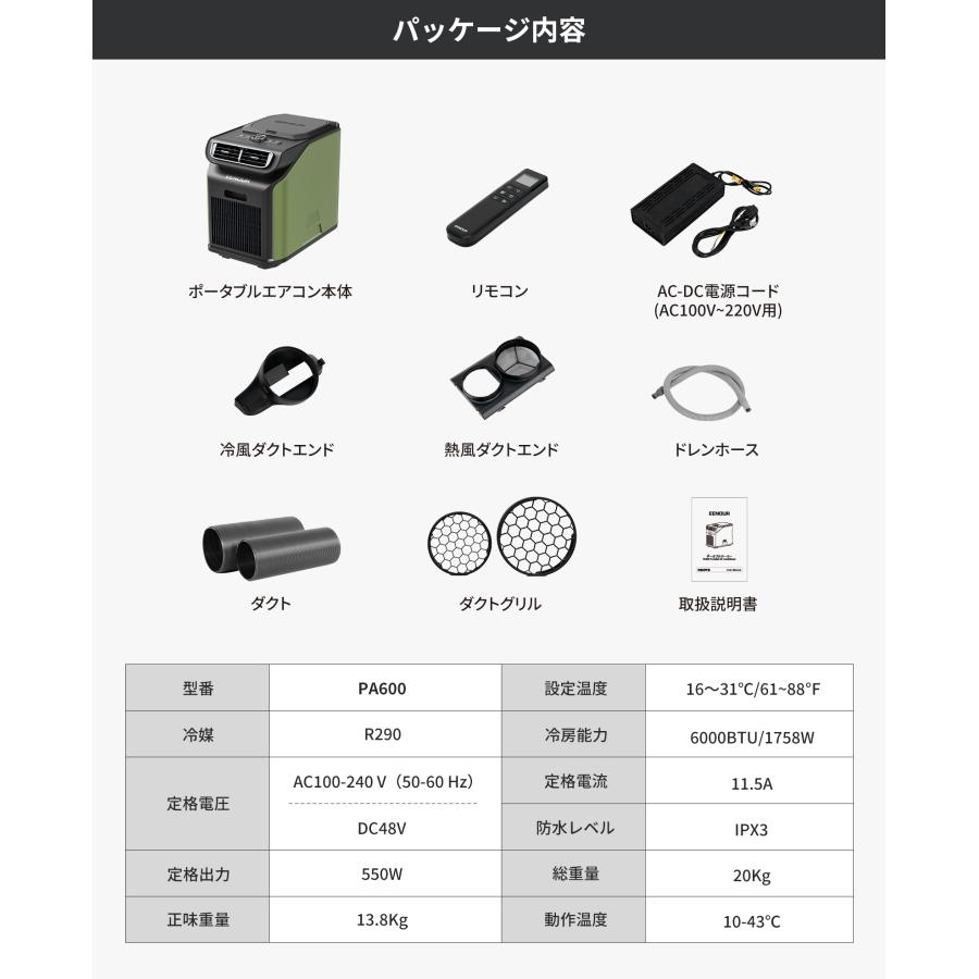 【24H会員限定セール】EENOUR 3.0 スポットクーラー 1.758kW/6000BTU ポータブルエアコン 6畳 8畳 工事不要 パナソニック 移動式エアコン 拡張バッテリー｜whitebankjapan-store｜20