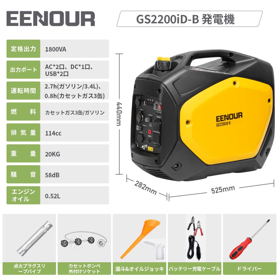 「ビッグボーナスSALE」 EENOUR インバーター発電機 GS2200iD-B 1.8kVA カセットボンベ ガソリン両用 カセットガス発電機 カセットガス 防災推奨｜whitebankjapan-store｜14