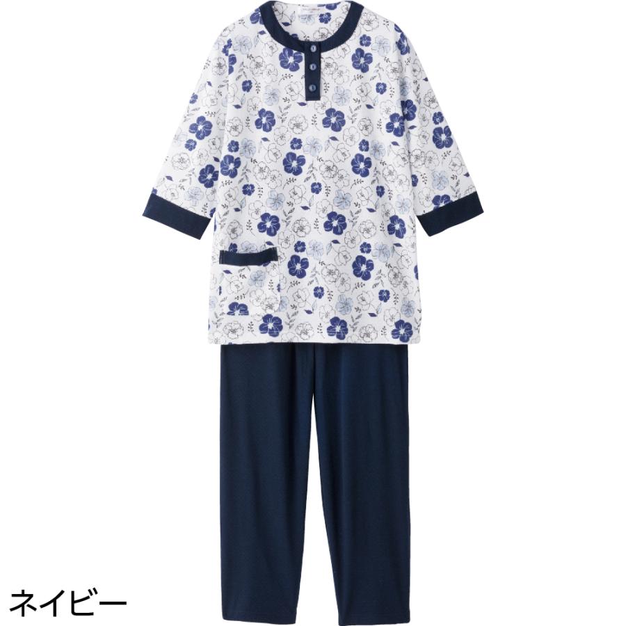 婦人針抜き天竺線花7分袖パジャマ 800613 涼しいパジャマで夏でも快適に　ケアファッション | 