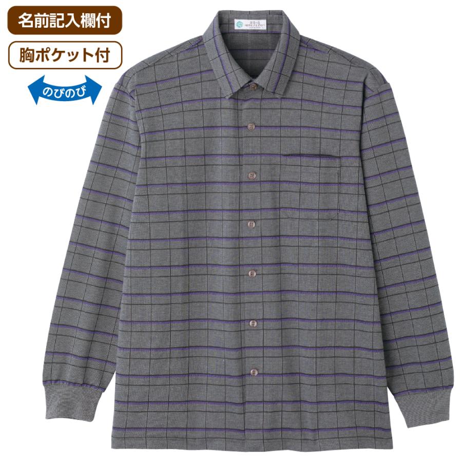 紳士綿混斜め釦ホールニットシャツ 821603 肌触りの良い綿混素材。　ケアファッション | ケアファッション・アクティブ