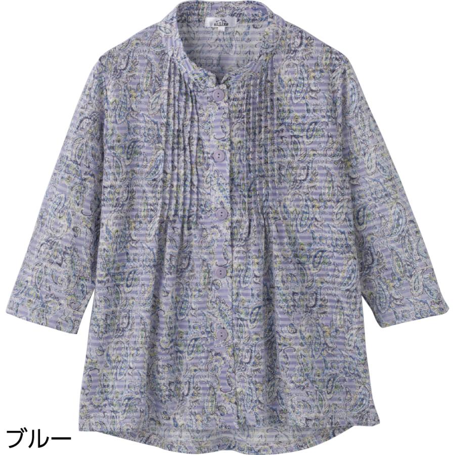 婦人7分袖斜め釦ホールピンタックブラウス 821677 7分袖さらりとしつつ、軽くて柔らかい素材感 点描風のデザインがおしゃれ  ケアファッション | ケアファッション・アクティブ | 02