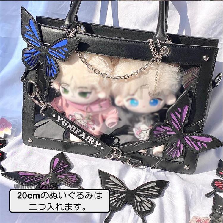 痛バッグ トートバッグ 蝶 透明 ガールズ ビニールバッグ 缶バッチ 