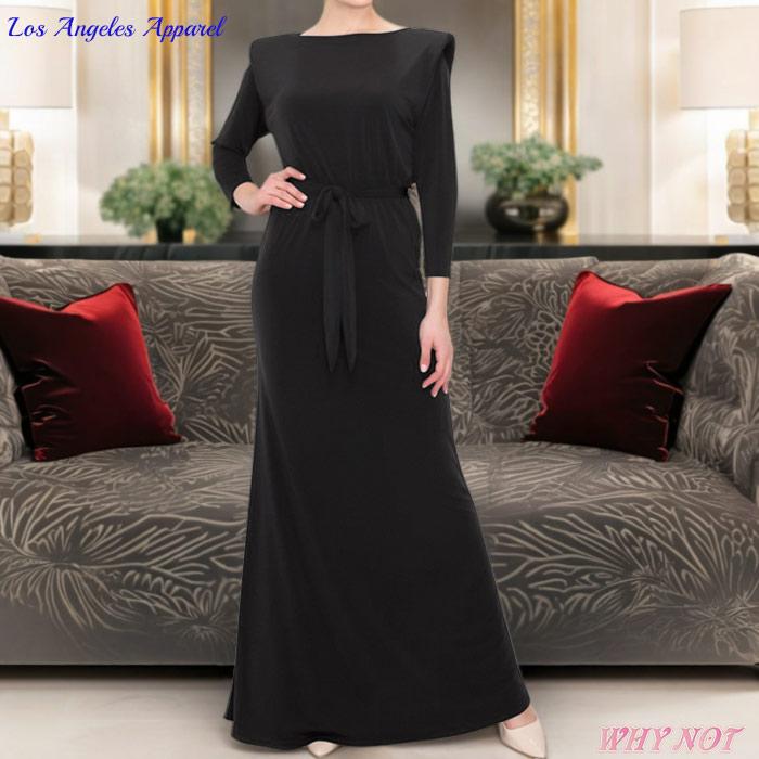 ワンピース 長袖 パッドショルダー マキシワンピ LAインポート 無地 