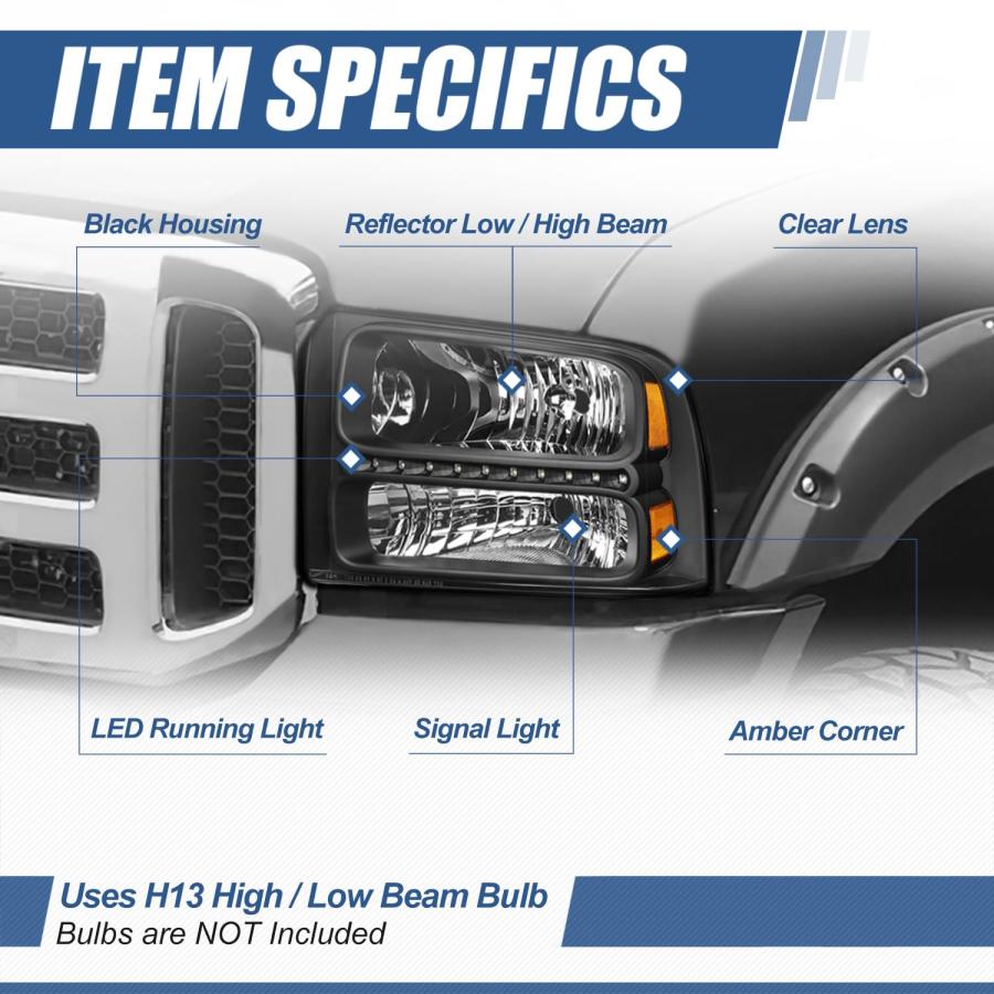 【並行輸入品】フォード スーパーデューティー 第1世代 F250 550 ペア ブラック ハウジング アンバー コーナー LED ヘッドライトの画像