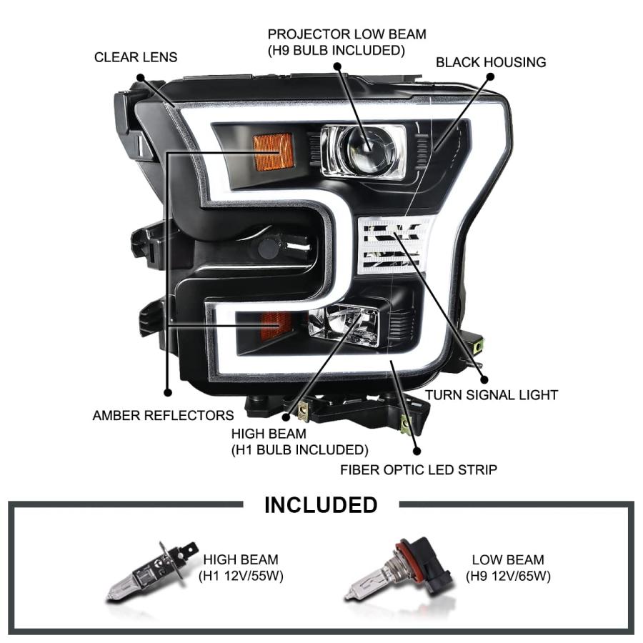 【並行輸入品】Spec D Tuning ブラック プロジェクターヘッドライト + LEDバー 2015 2017 Ford F150に対応 左の画像