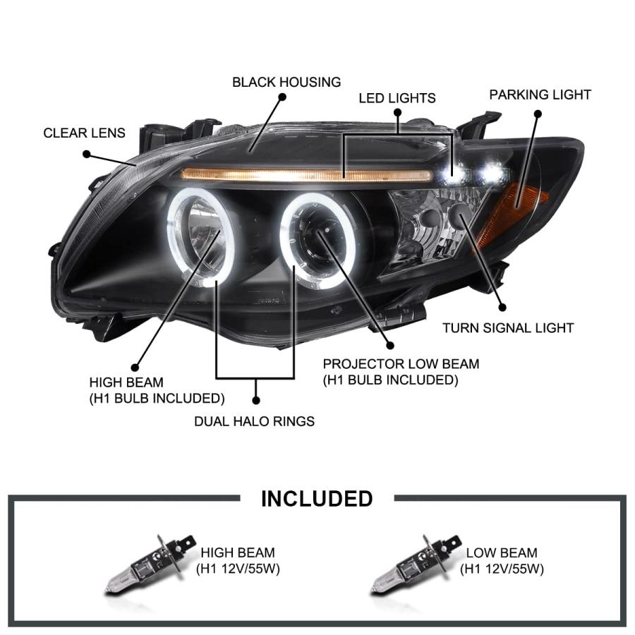 【並行輸入品】Spec D Tuning 2LHP COR09JM TM ブラック プロジェクター ヘッドライト (ハローハウジング) Specの画像
