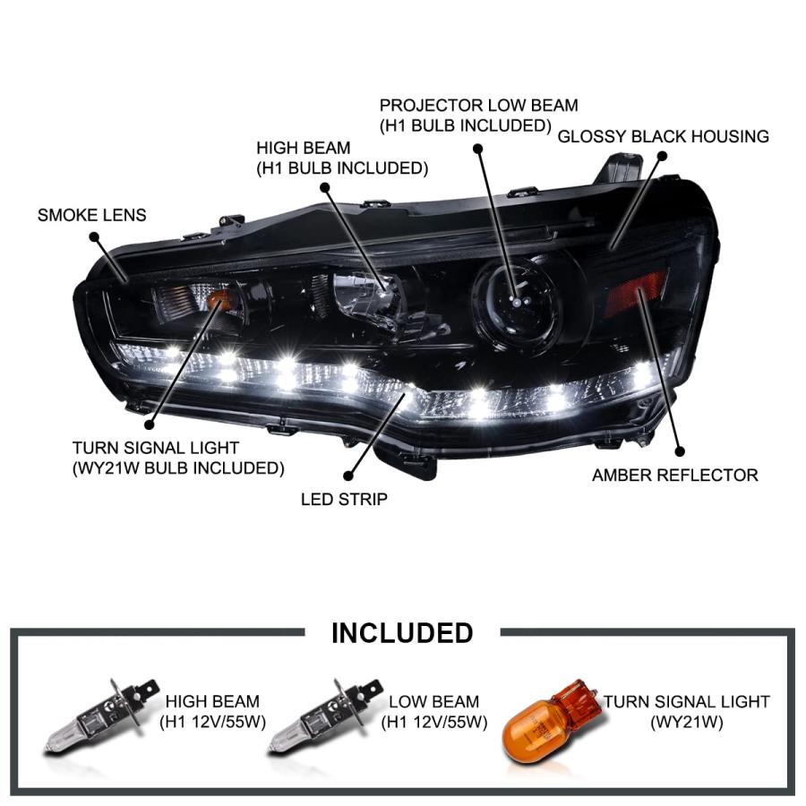 【並行輸入品】Spec D Tuning 2LHP EVO08G 8 TM ブラックプロジェクターヘッドライト (スモークレンズ付き光沢ハウジンの画像