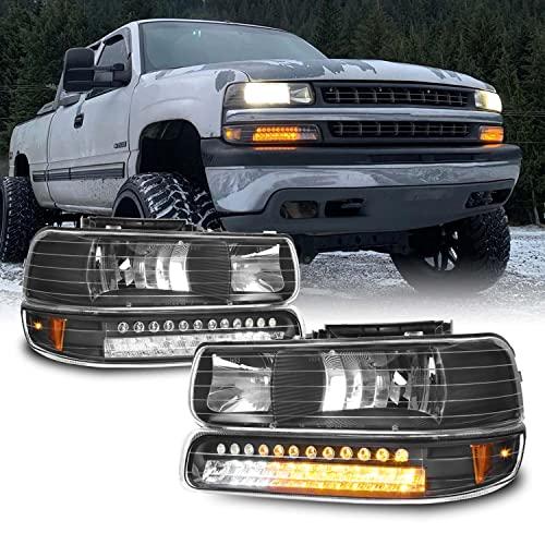 【並行輸入品】AKKON ブラックベゼル 99 02 シボレー シルバラード ヘッドライト交換用 + LEDバンパーシグナルライト 4個セッ_1