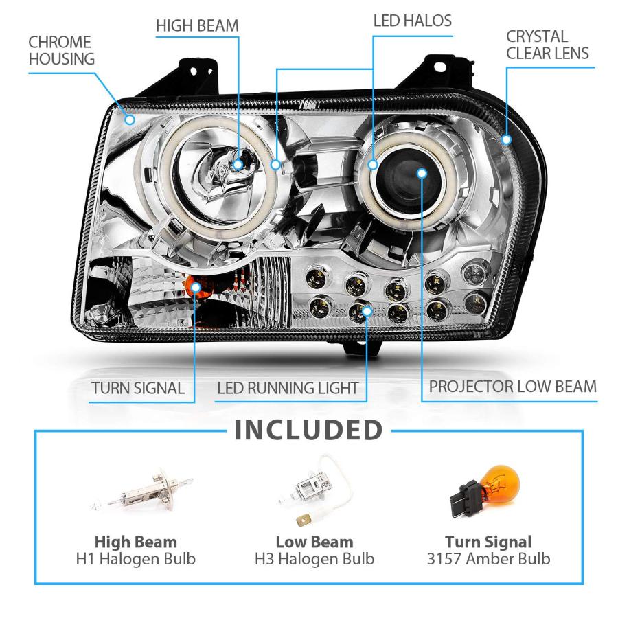 AmeriLite 2005 2010 Chrysler 300 クローム 交換用ヘッドライトアセンブリ ハロゲン プロジェクター 並行輸入品の画像