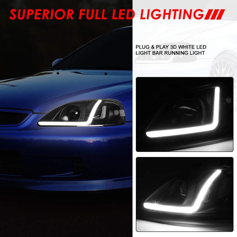 ペア LED DRL ブラック ハウジング クリア コーナー プロジェクター ヘッドライト ランプ 交換用 ホンダ シビック 99 並行輸入品の画像