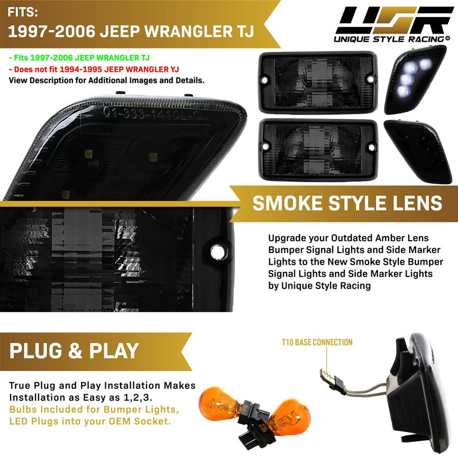 USR DEPO TJ LED Side Marker Lights 4 Pieces COMBO Smoke Bumper 並行輸入品_6