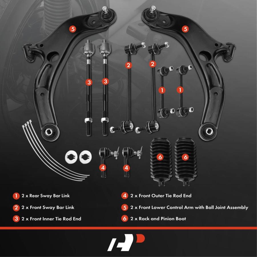A Premium Set of 12， Front Lower Control Arm， Inner Outer Tie Ro 並行輸入品_3
