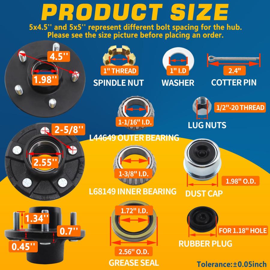 GREPSPUD 1セット トレーラーハブキット 5 オン 4.5 3500ポンド 1 1/16インチから1 3/8インチテーパー 並行輸入品_8