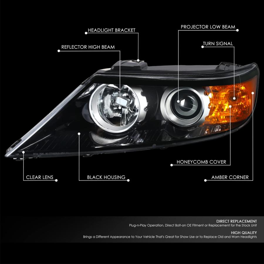 DNA MOTORING 左 OEスタイル プロジェクターヘッドライト 11 13 Kia Sorento対応 ブラック/クリアレ 並行輸入品の画像